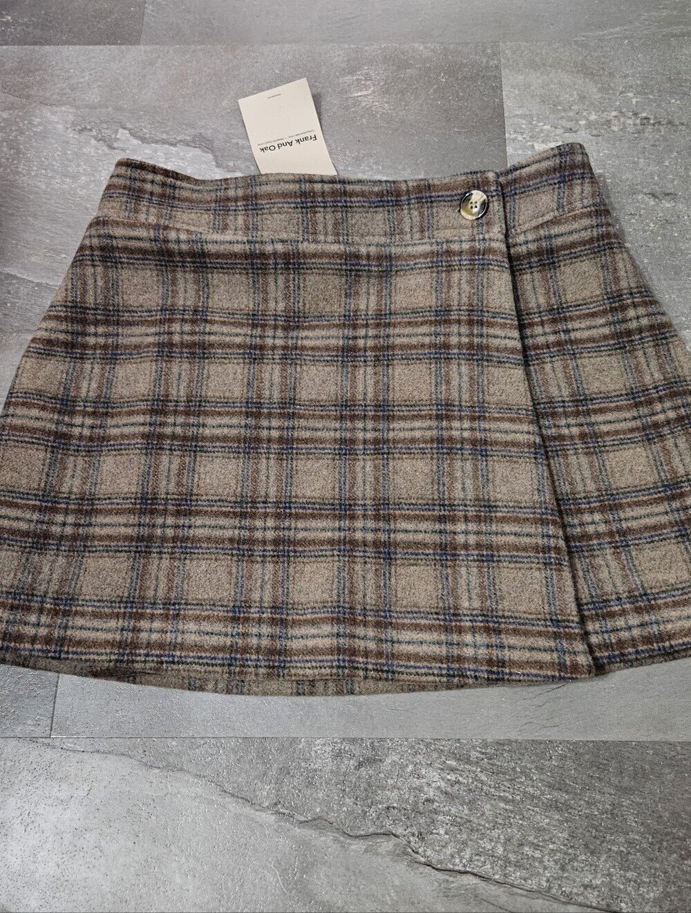 NWT Frank And Oak Plaid Wrap Mini Skirt. Wool Blend. Shades Of Brown. Blue. M.
